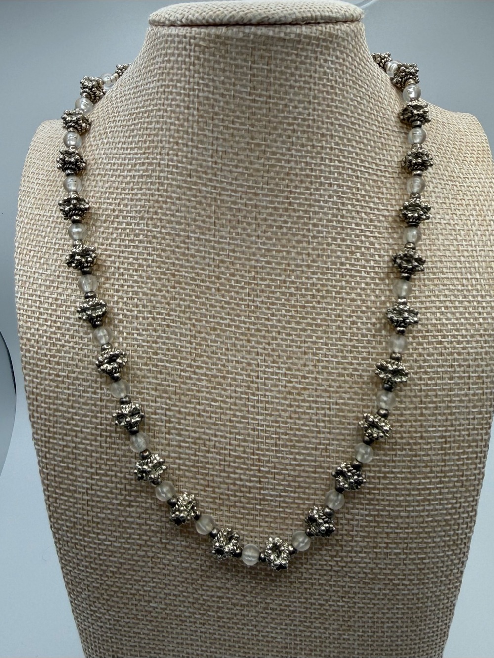 Silver Beaded Crystal Necklace - Women's Elegant Silver Toned Jewelry - Picture 1 of 4